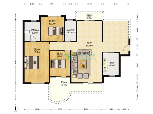 东江豪门 3室1厅2卫 132平方