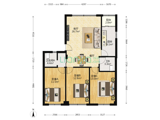 绿杨村 3室1厅2卫 97平方