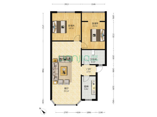 兴华苑 2室1厅1卫 95平方