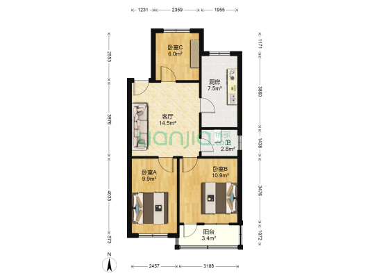 颐园社区 3室1厅1卫 68平方
