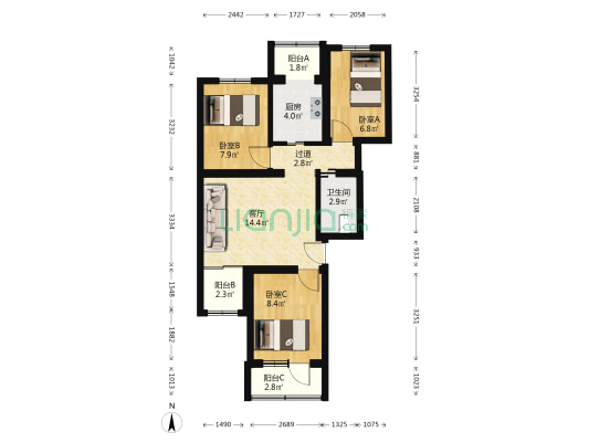 康居家园 3室1厅1卫 75平方
