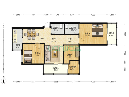 在水一方 3室1厅2卫 83平方