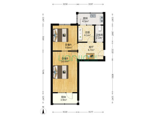 化工厂宿舍 2室1厅1卫 57平方
