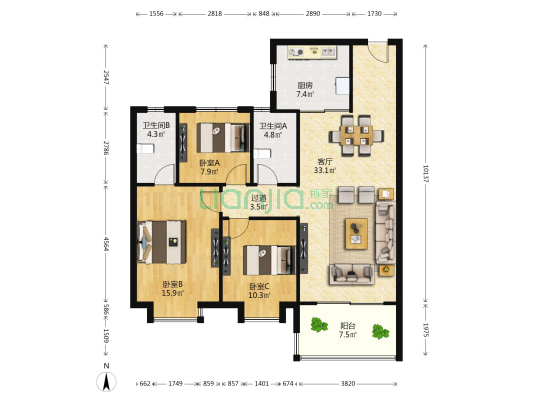 华润万象城悦府 3室1厅2卫 124平方