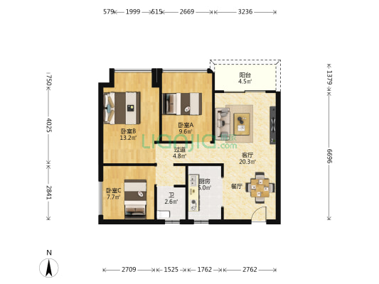 首开龙湖天钜三期 3室1厅1卫 78平方