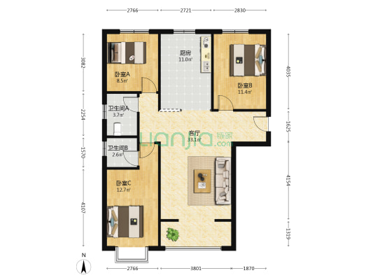 君睿府 3室1厅2卫 120平方
