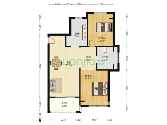 长江天宸 2室1厅1卫 103平方