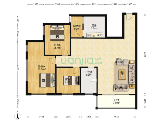 武陵1号 3室1厅1卫 135平方