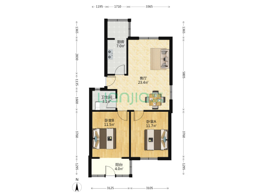 物贸公司宿舍 2室1厅1卫 73平方