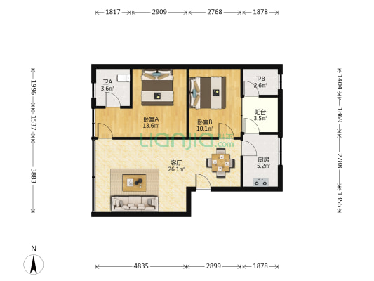 开发楼 2室1厅2卫 89平方