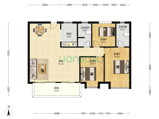 轨道中建麓江府 3室1厅2卫 117平方