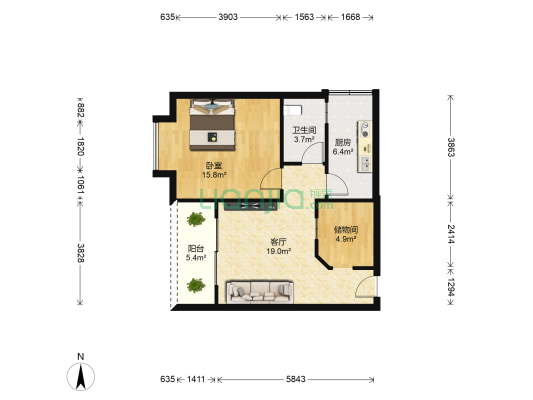 东景华庭 1室1厅1卫 68平方