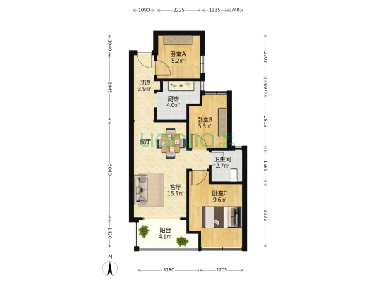 昆明天誉城 3室1厅1卫 69平方