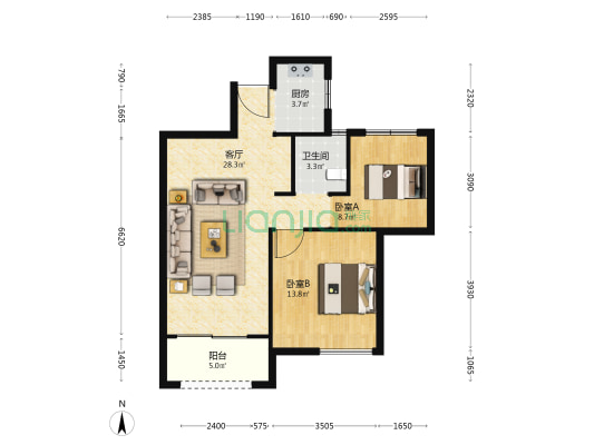 东润锦园 2室1厅1卫 83平方