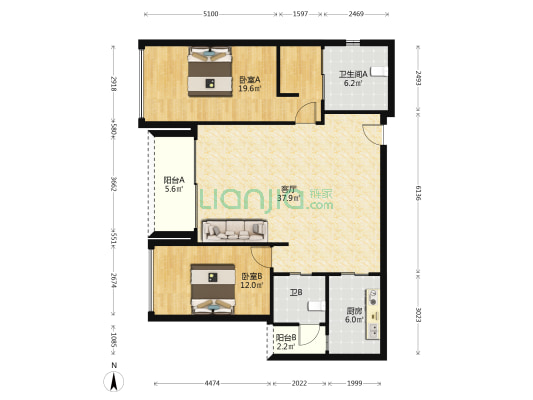 前海鸿荣源中心·胤璞 2室1厅2卫 134平方