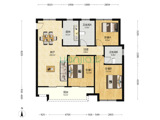 合意花苑 3室1厅2卫 120平方