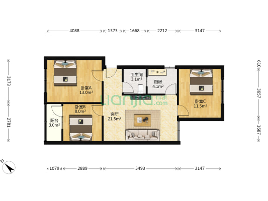 红牌楼北街9号 3室1厅1卫 77平方