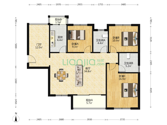 盛地领航城一期 3室1厅2卫 124平方