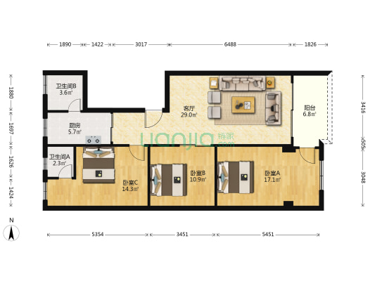 菜园路 3室1厅2卫 107平方