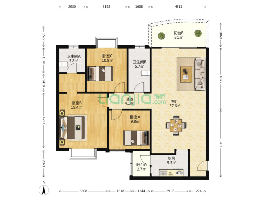 文景园 3室1厅2卫 126平方
