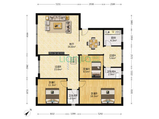 五友路二段145号 3室1厅2卫 128平方