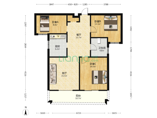万丰香樟公馆 3室2厅1卫 110平方