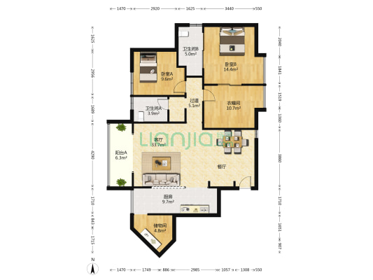 金坤尚城祥和里 2室1厅2卫 124平方