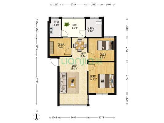 轻工厅宿舍 3室2厅1卫 64平方