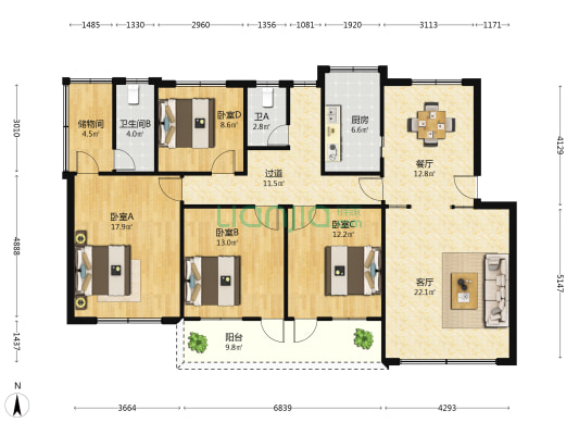 广西农机研究院生活区 4室2厅2卫 141平方