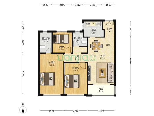 中冶奥体云璟 3室1厅2卫 107平方
