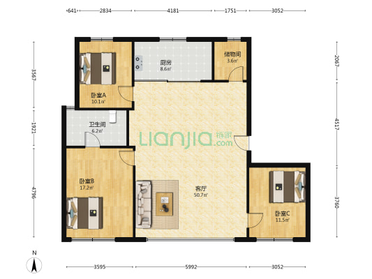 中海橡树园二期悦境 3室1厅1卫 135平方