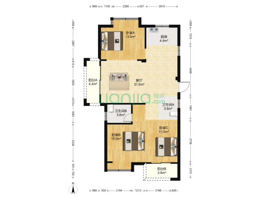 中建龙庭嘉园B区 3室1厅2卫 119平方