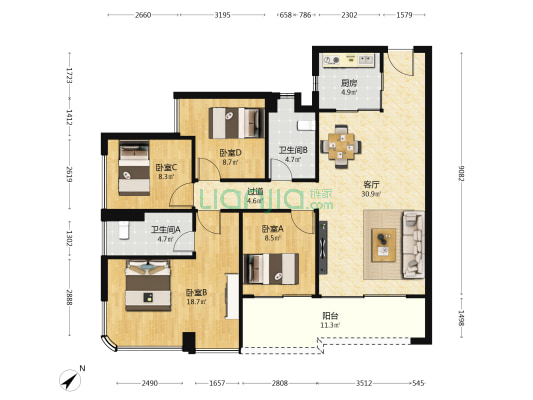 中海观澔府 4室1厅2卫 126平方
