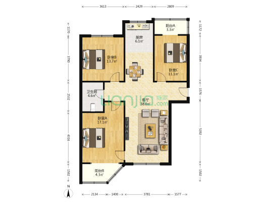 滨河花园北区 3室1厅1卫 119平方