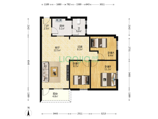 景泰花园 3室1厅1卫 89平方