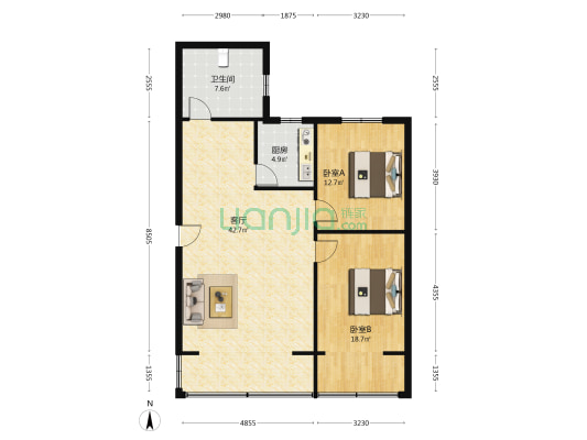 一环路南三段80号 2室1厅1卫 108平方