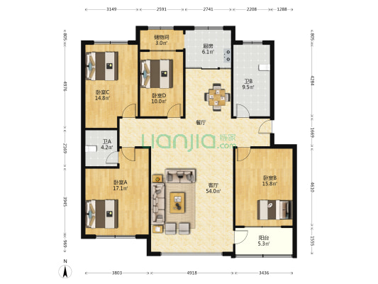 卧龙湾家园B区 4室1厅2卫 173平方
