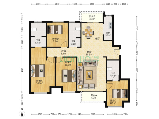 正弘颂雅苑 4室1厅3卫 142平方