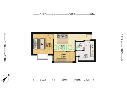 精装一室一厅 改好的两房 可以直接拎包入住-户型图