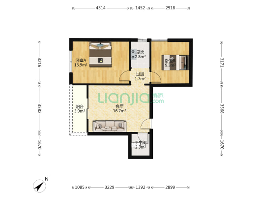 上海路9号 2室1厅1卫 63平方