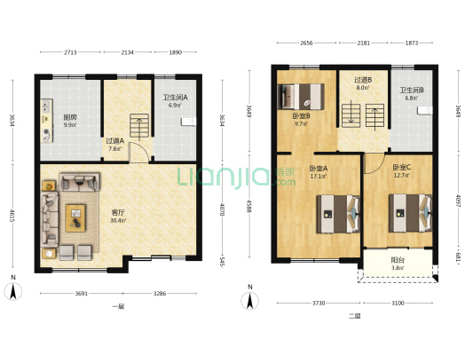 鹏兴小区 3室1厅2卫 130平方