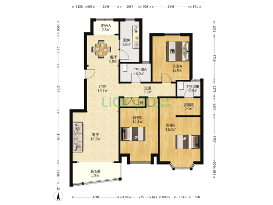 中虹花园新都苑 3室2厅2卫 134平方