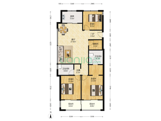 御东方园 3室1厅2卫 114平方