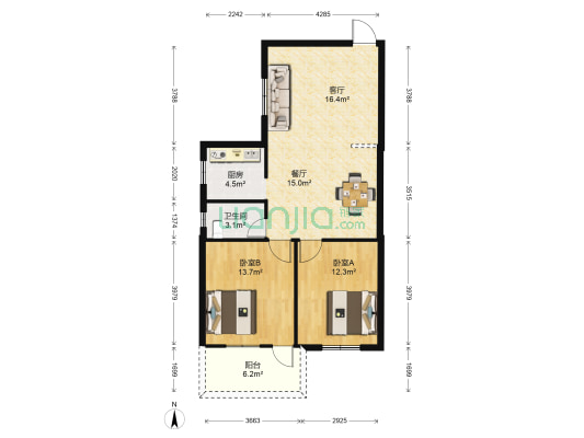 厦门航空宿舍 2室2厅1卫 82平方