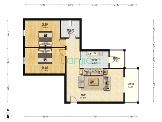 幸福家园 2室1厅1卫 123平方