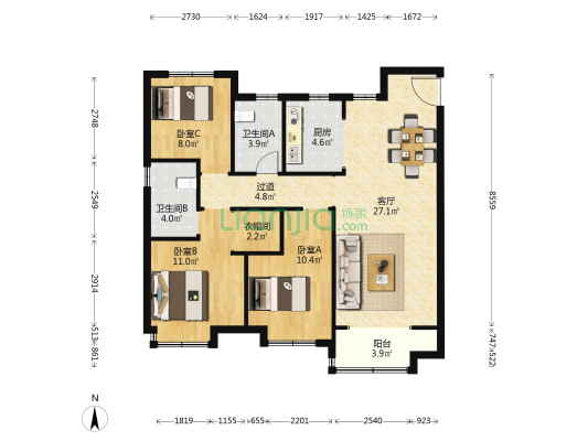中欧国际城·金茂悦北五区 3室1厅2卫 118平方