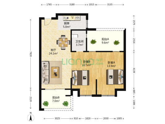 玖熙花苑 2室1厅1卫 85平方