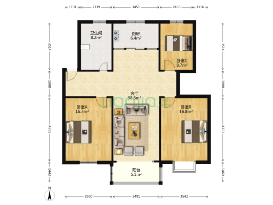 江南山水 3室1厅1卫 127平方