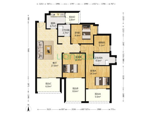 中建华府锦城 3室1厅2卫 120平方