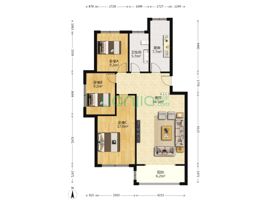 盛世康城一期 3室1厅1卫 118平方